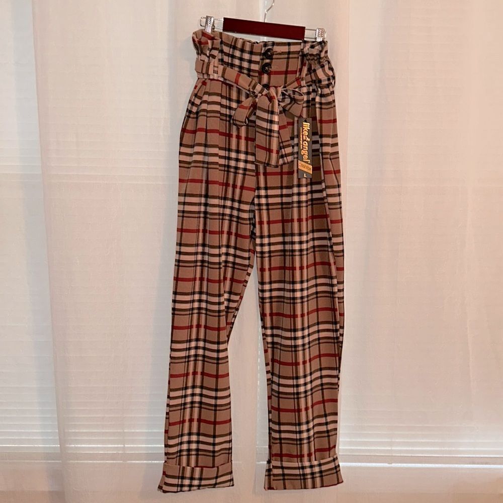 like an angel L Nova Check Plaid Khaki/Picante Tan Wide Leg High Waist Pants